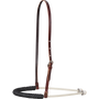 Single rope noseband with a black braided cord cover, seen from the front quarter. Black braided nylon wraps the front of the white rope, which hangs from a leather strap with a buckle.