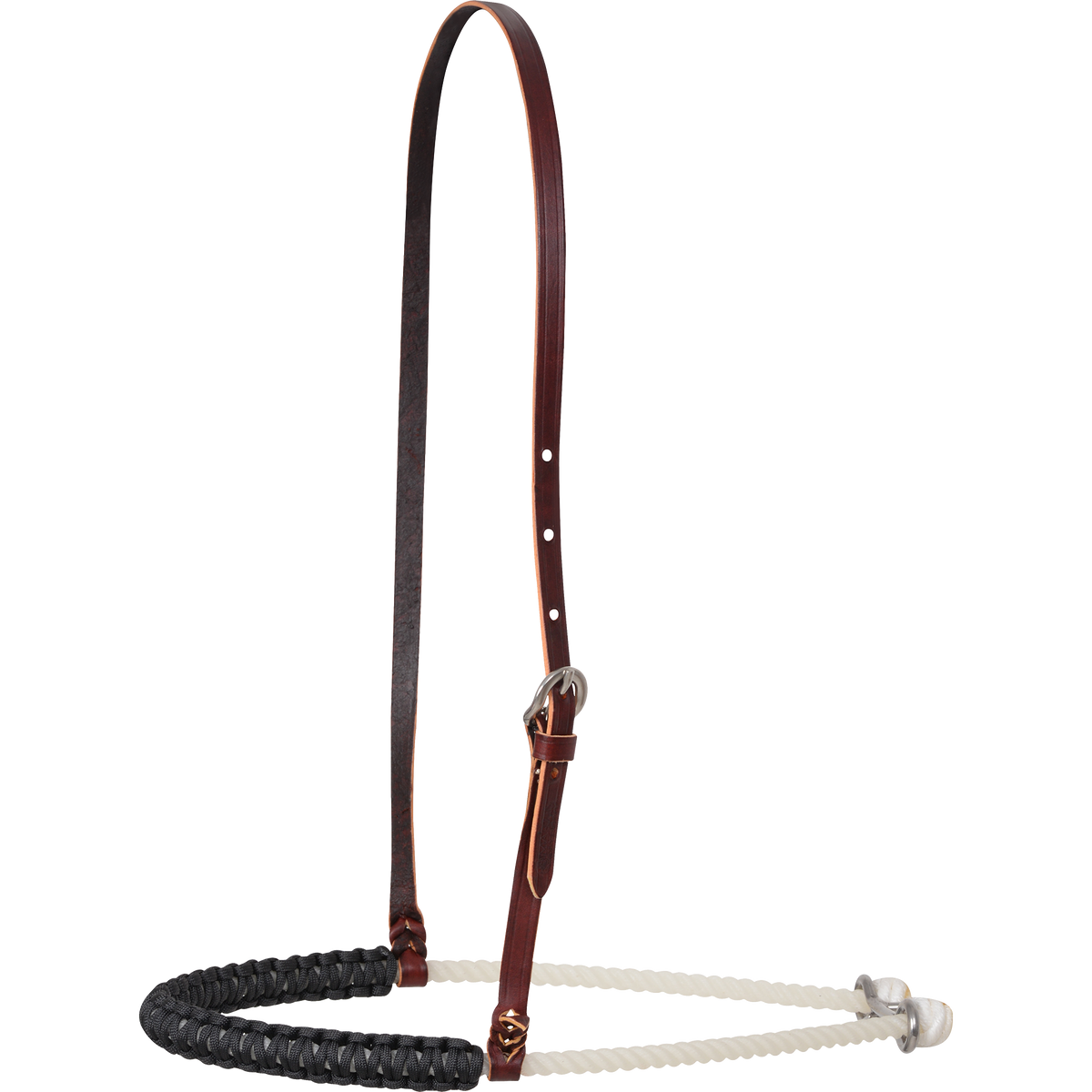 Single rope noseband with a black braided cord cover, seen from the front quarter. Black braided nylon wraps the front of the white rope, which hangs from a leather strap with a buckle.