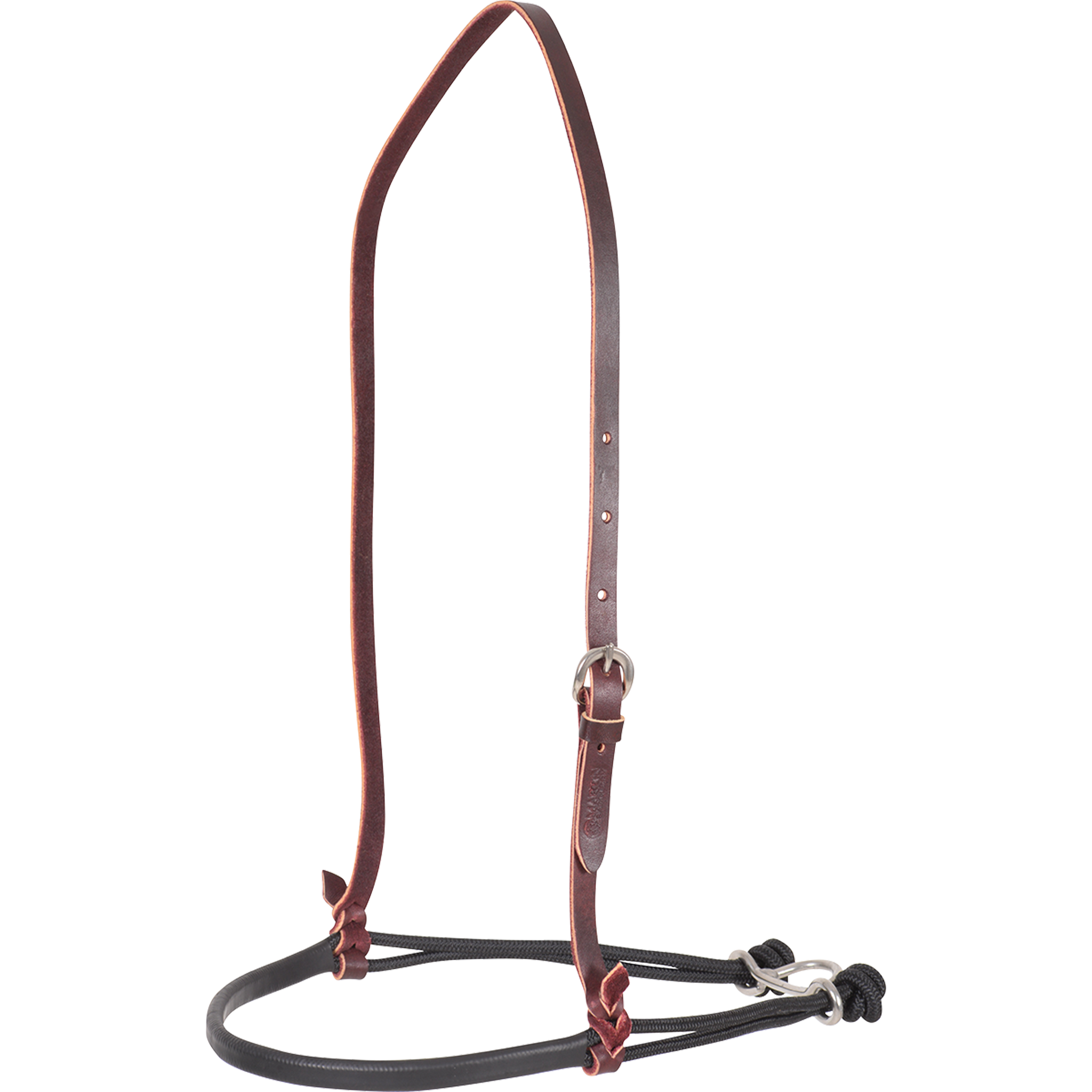 Black nylon cord double rope noseband with a shrink tube cover from Martin Saddlery, seen from the front quarter. The smooth black tube covers the front of the cords, below a leather strap with a buckle.