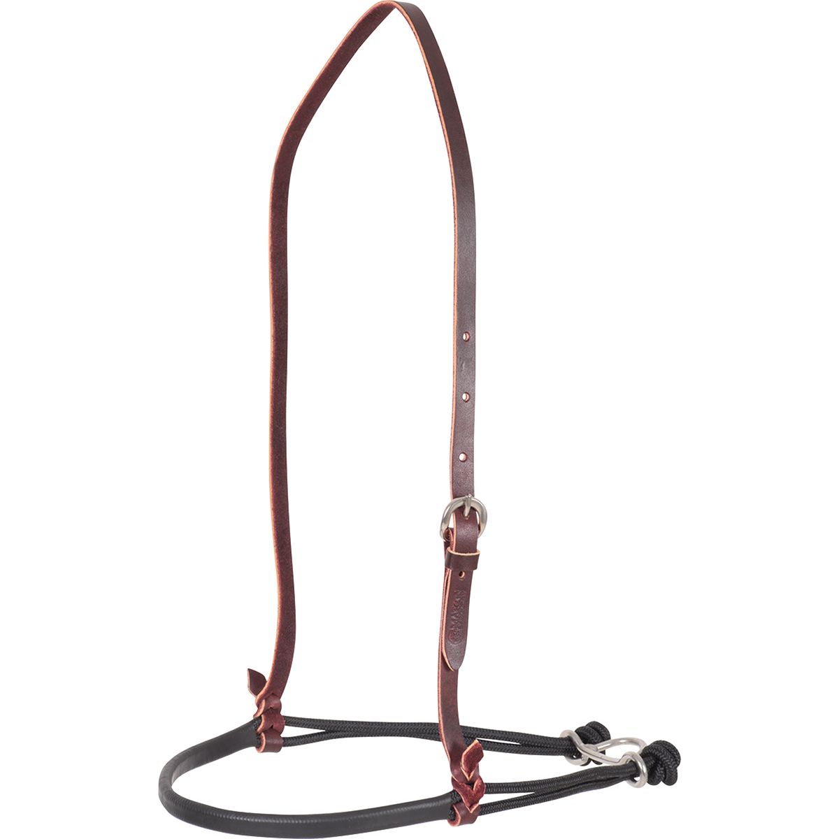 Black nylon cord double rope noseband with a shrink tube cover from Martin Saddlery, seen from the front quarter. The smooth black tube covers the front of the cords, below a leather strap with a buckle.