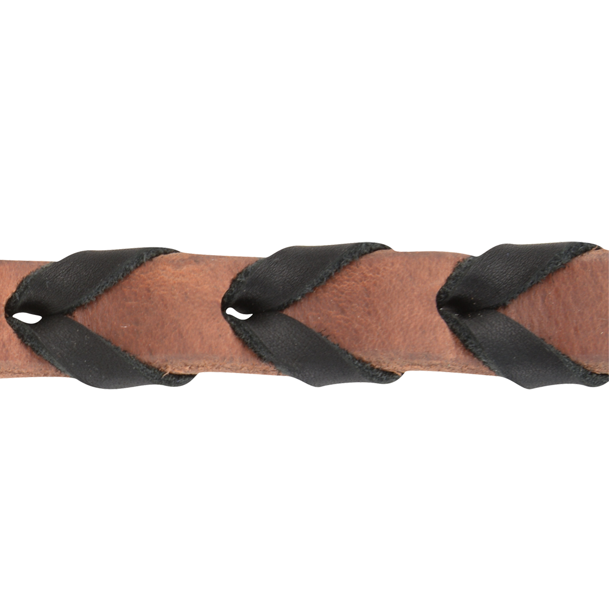 Harness leather rein seen up close with black latigo lacing woven through it. The lacing gives this Martin Saddlery laced barrel rein its grip and feel.