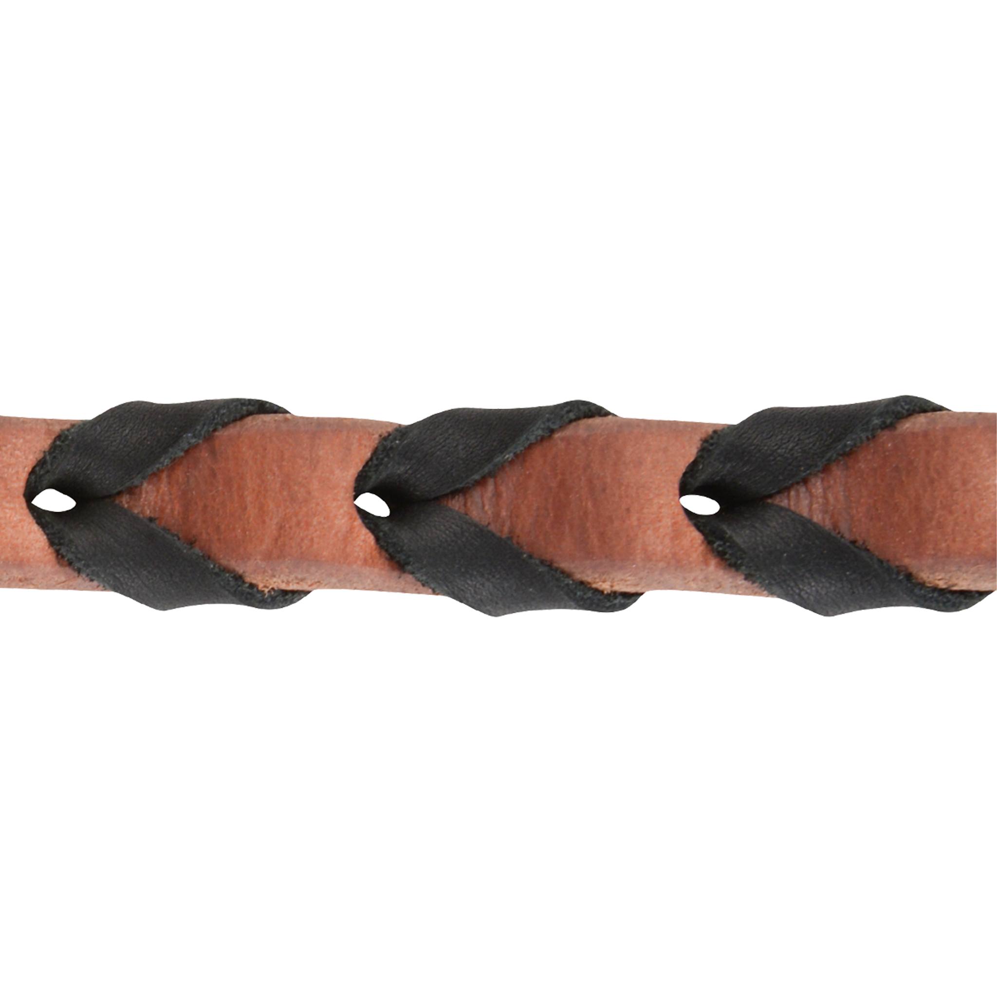 Harness leather rein seen up close with wide black latigo lacing wrapped through it. The laced grip is a Martin Saddlery original on this 5/8-inch barrel rein.