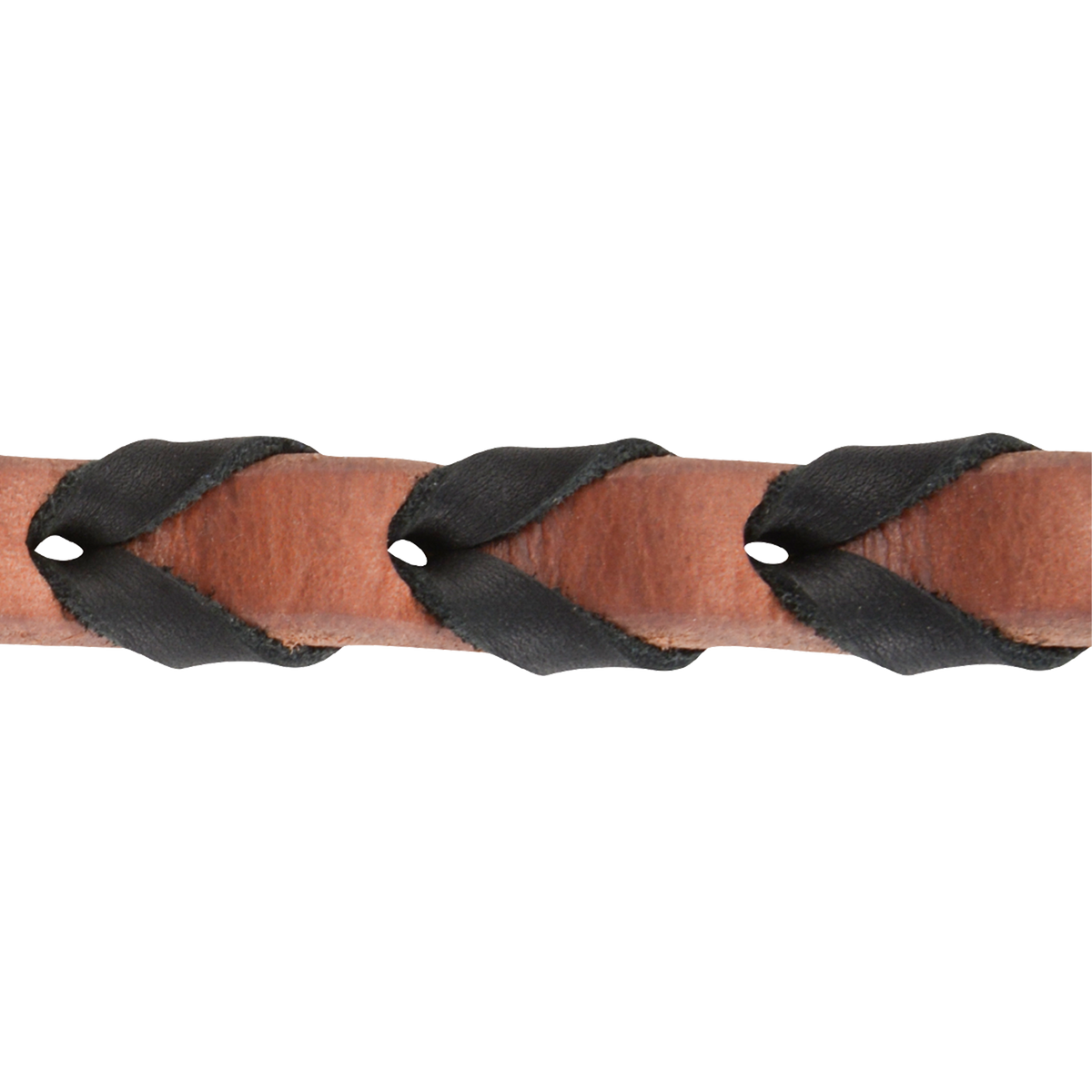 Harness leather rein seen up close with wide black latigo lacing wrapped through it. The laced grip is a Martin Saddlery original on this 5/8-inch barrel rein.