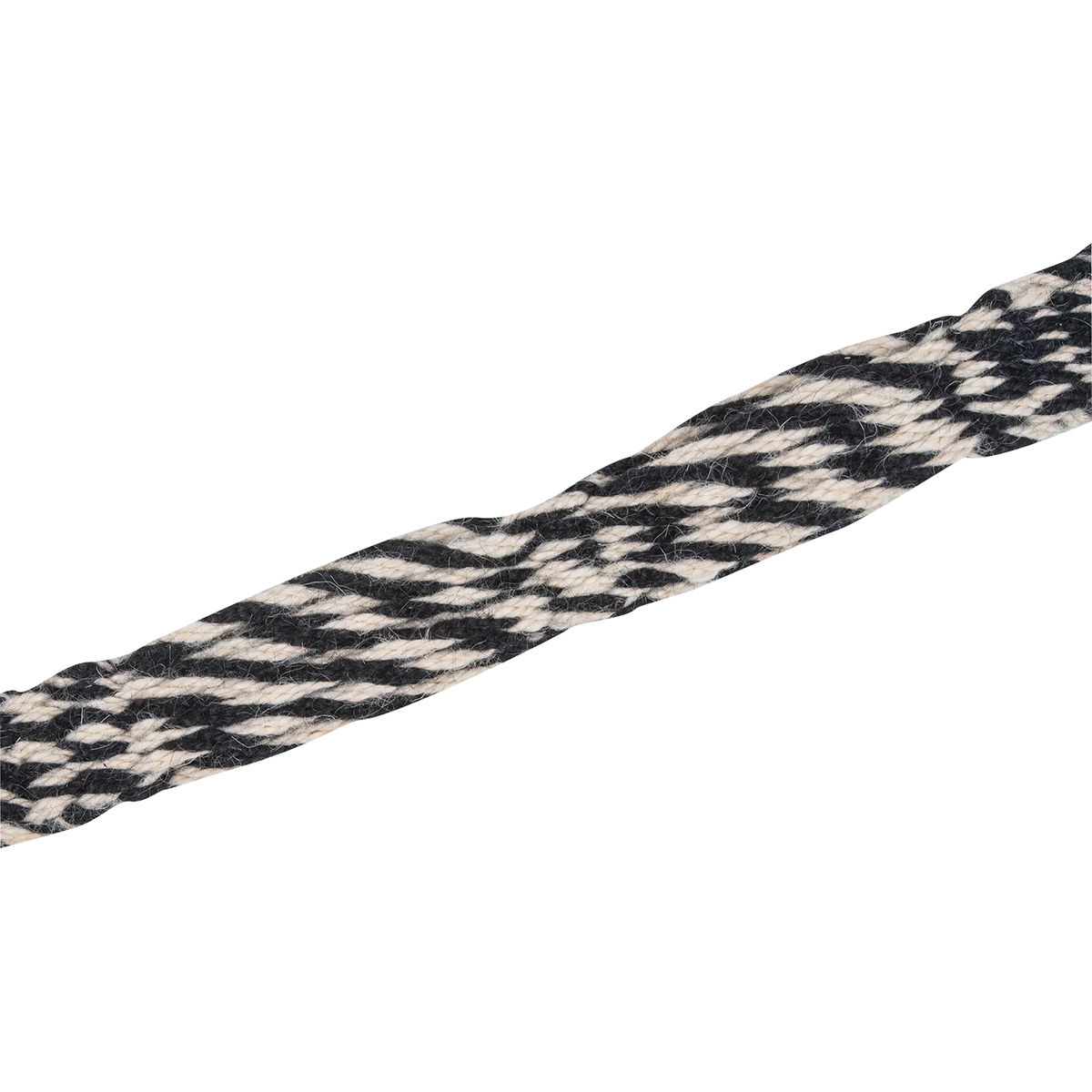 Black-natural mohair breast collar strap angled across the frame. Black and natural strands of real mohair fiber cross in a woven pattern along this Martin Saddlery breast collar.