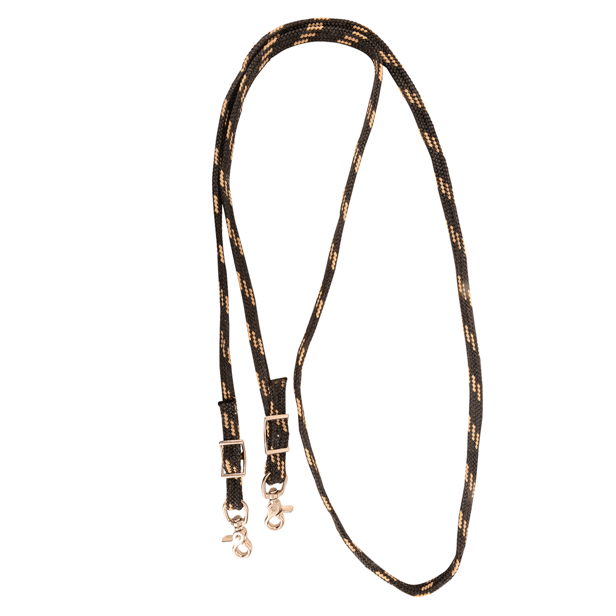 Black-tan braided nylon roping rein, looped and seen from above. Tan flecks run through the black waxed nylon braid, which ends in buckles and snaps.
