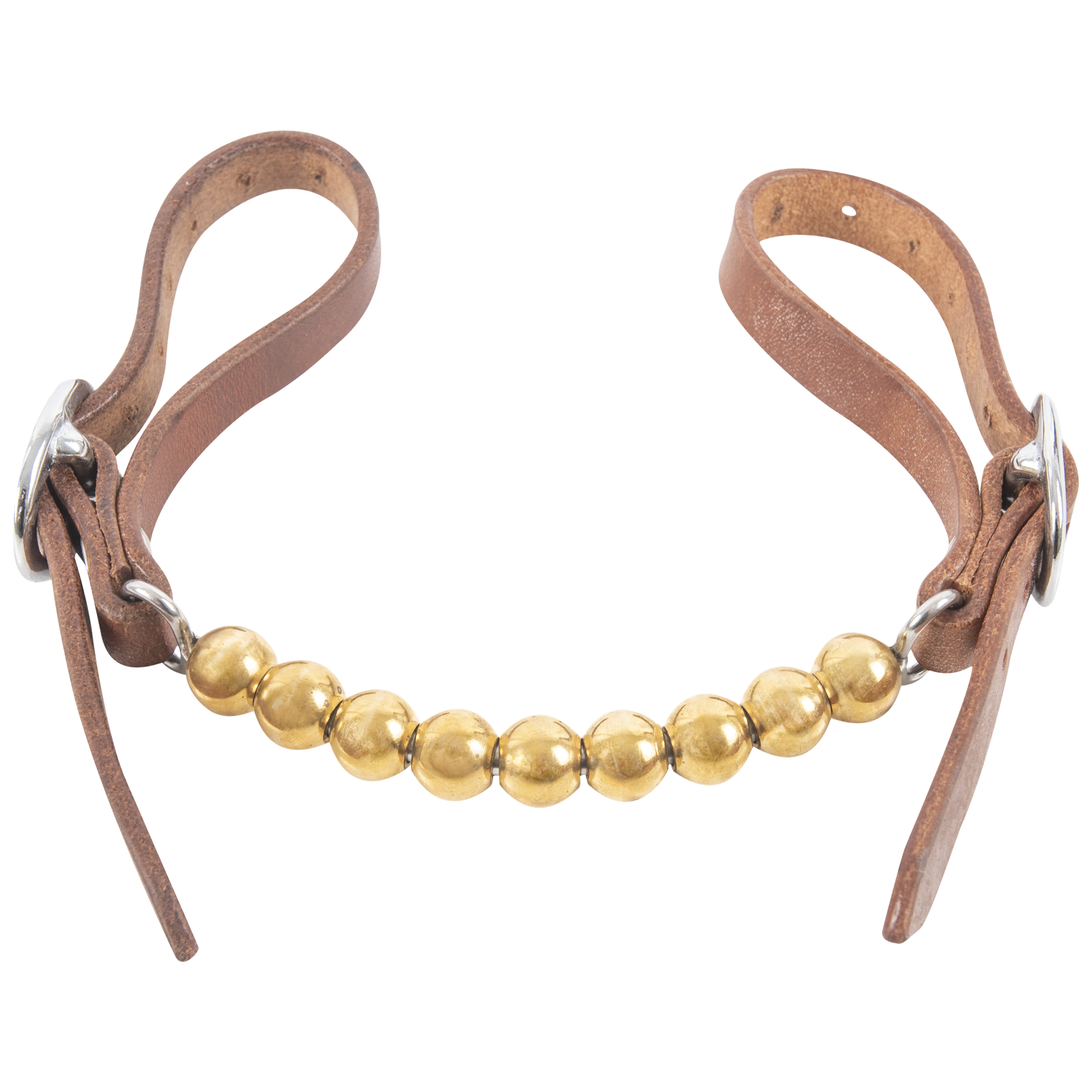 Brass ball curb strap seen from above, with a row of polished brass balls linked between two brown harness leather straps. Each strap loops back through a stainless steel buckle.