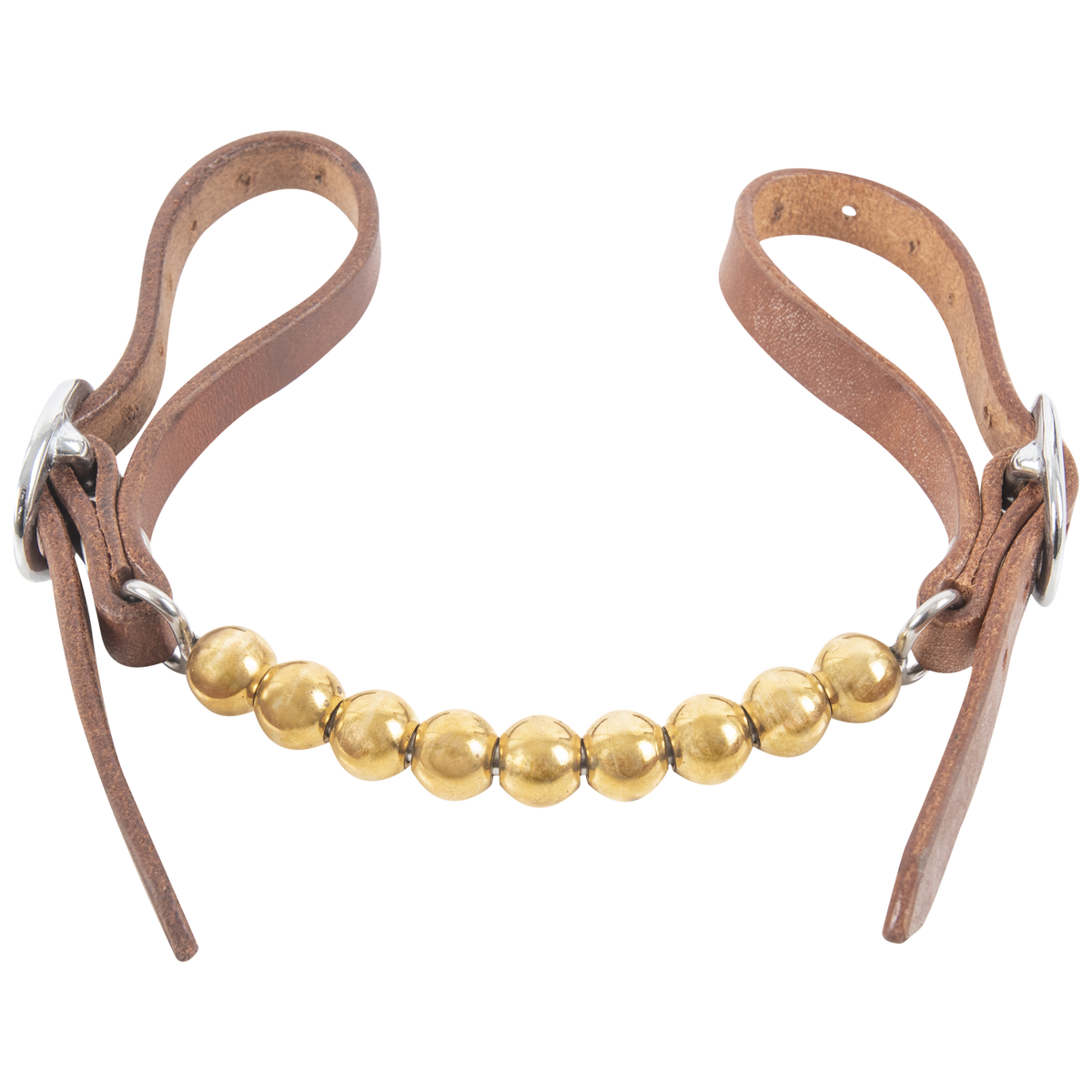 Brass ball curb strap seen from above, with a row of polished brass balls linked between two brown harness leather straps. Each strap loops back through a stainless steel buckle.