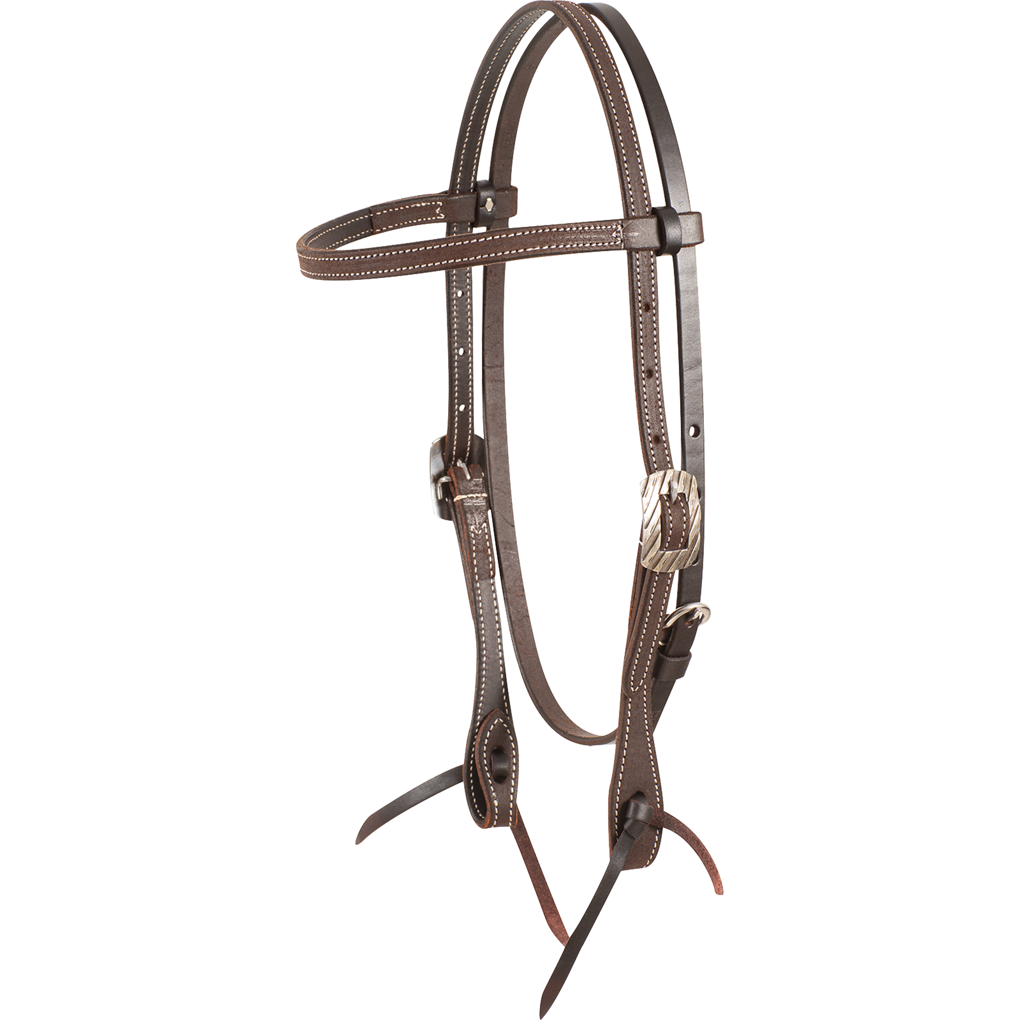 Chocolate roughout browband headstall with Bandera buckles, seen from the front quarter. White stitching runs along the 5/8-inch straps, which end in latigo bit ties.