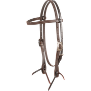 Chocolate roughout browband headstall with Bandera buckles, seen from the front quarter. White stitching runs along the 5/8-inch straps, which end in latigo bit ties.