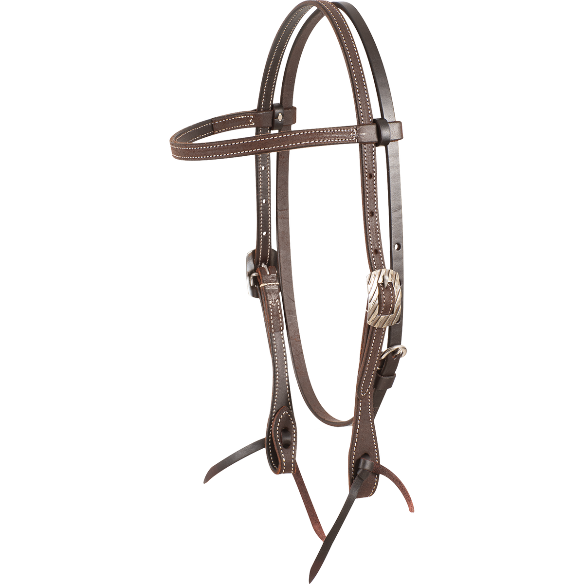 Chocolate roughout browband headstall with Bandera buckles, seen from the front quarter. White stitching runs along the 5/8-inch straps, which end in latigo bit ties.