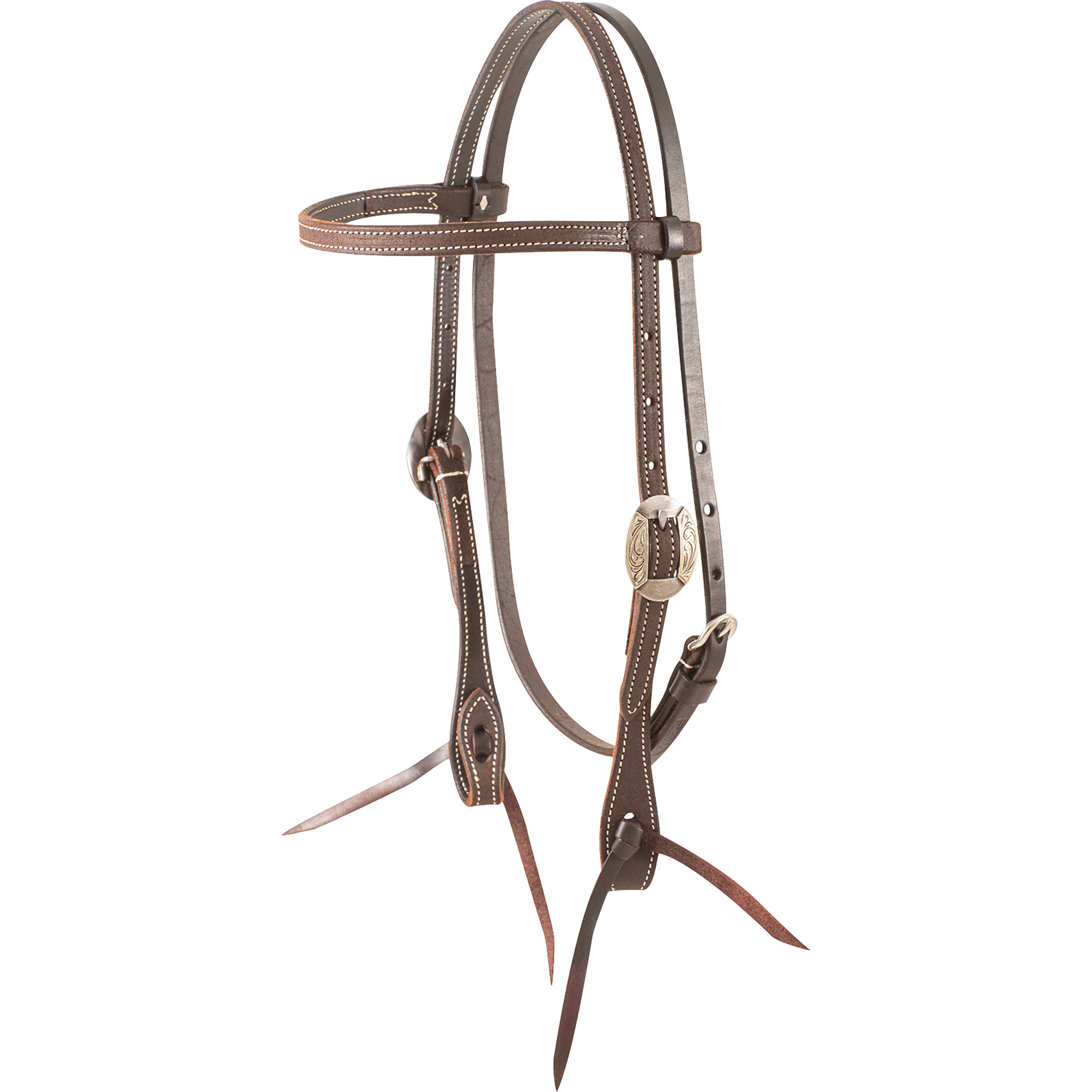 Chocolate roughout browband headstall with Canyon buckles, seen from the front quarter. The stitched 5/8-inch cheeks end in latigo bit ties.