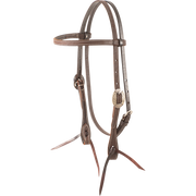 Chocolate roughout browband headstall with Canyon buckles, seen from the front quarter. The stitched 5/8-inch cheeks end in latigo bit ties.