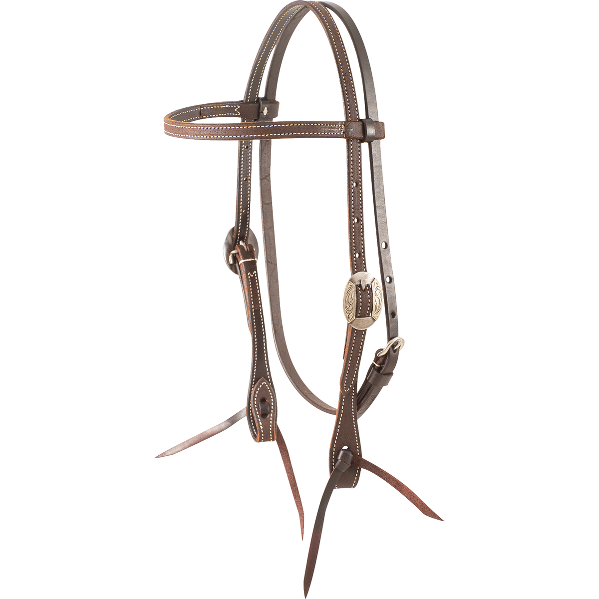 Chocolate roughout browband headstall with Canyon buckles, seen from the front quarter. The stitched 5/8-inch cheeks end in latigo bit ties.