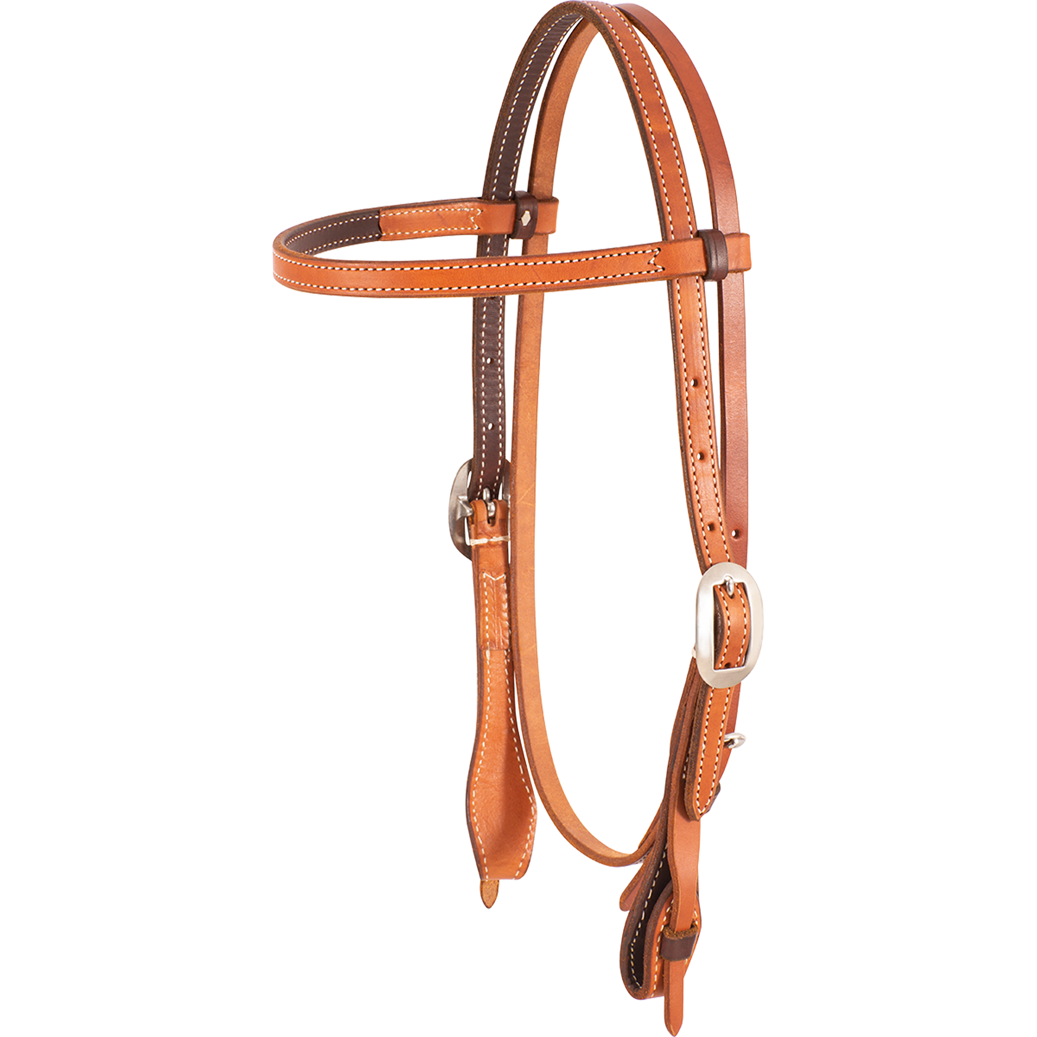 Browband headstall with quick-change bit ends, seen from the front quarter. The natural skirting leather is doubled and stitched with dark latigo lining and finished with cart buckles.