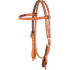Browband headstall with quick-change bit ends, seen from the front quarter. The natural skirting leather is doubled and stitched with dark latigo lining and finished with cart buckles.