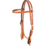 Browband headstall with quick-change bit ends, seen from the front quarter. The natural skirting leather is doubled and stitched with dark latigo lining and finished with cart buckles.