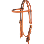 Browband headstall with quick-change bit ends, seen from the front quarter. The natural skirting leather is doubled and stitched with dark latigo lining and finished with cart buckles.