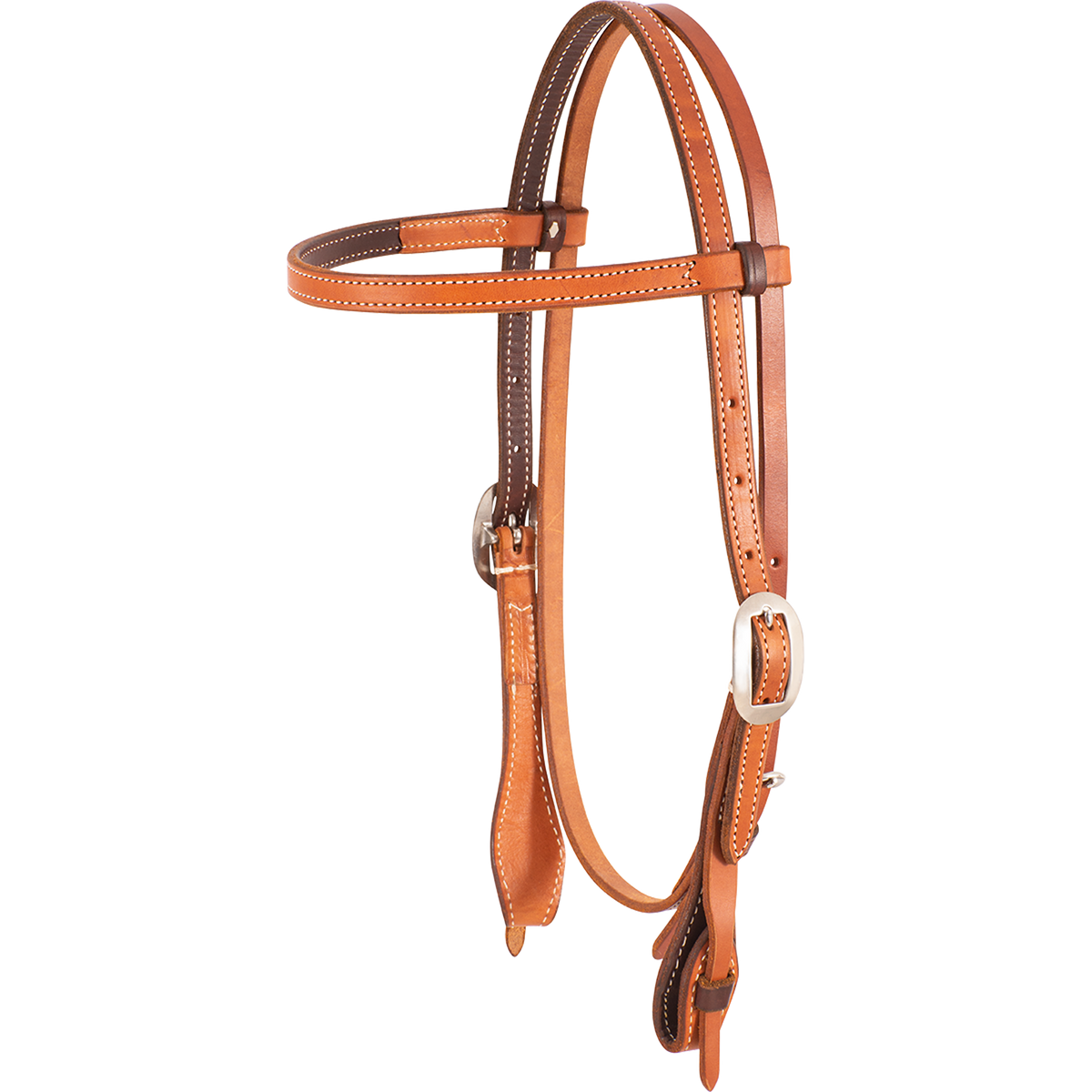 Browband headstall with quick-change bit ends, seen from the front quarter. The natural skirting leather is doubled and stitched with dark latigo lining and finished with cart buckles.