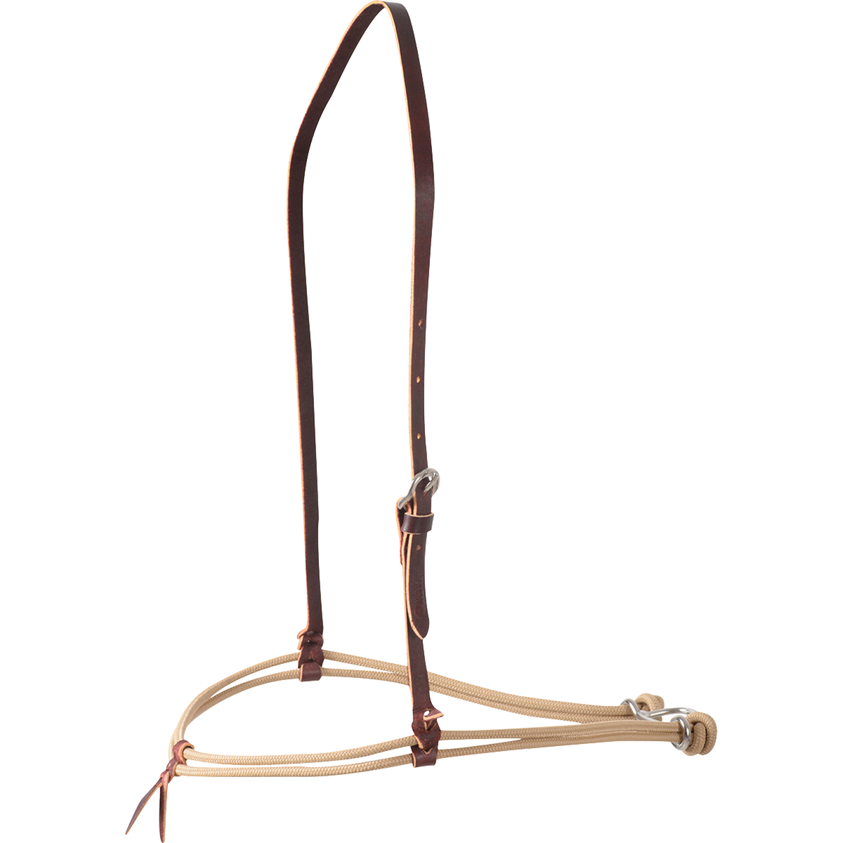 Brown double rope noseband in nylon cord from Martin Saddlery, seen from the front quarter. Leather keepers hold the light brown cords, hung from a dark adjustable strap with a buckle.