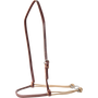 Brown nylon cord double rope noseband with a shrink tube cover, seen from the front quarter. Brown shrink tube wraps the nose piece ahead of the lighter cords, hung from a dark leather strap with a buckle.