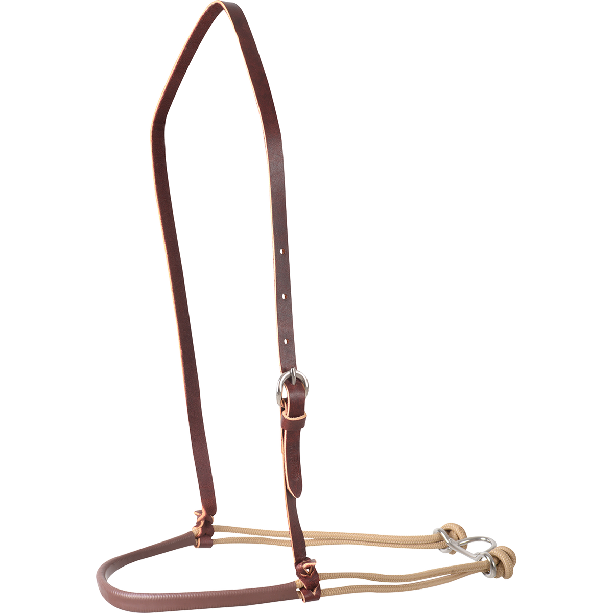 Brown nylon cord double rope noseband with a shrink tube cover, seen from the front quarter. Brown shrink tube wraps the nose piece ahead of the lighter cords, hung from a dark leather strap with a buckle.