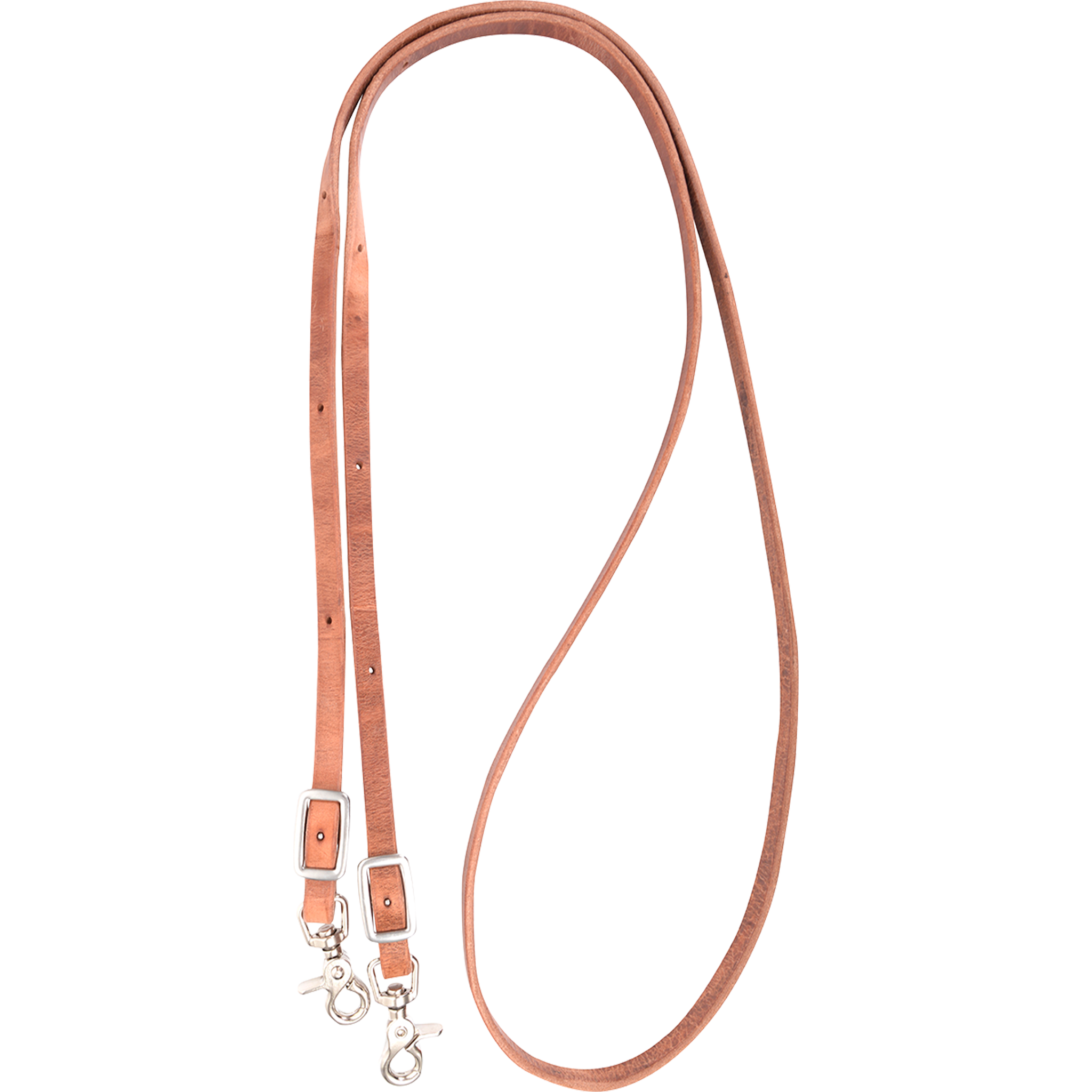 Brown harness leather roping rein from Martin Saddlery, looped and seen from above. The 1/2-inch rein has buckles for length adjustment and a snap at each end.