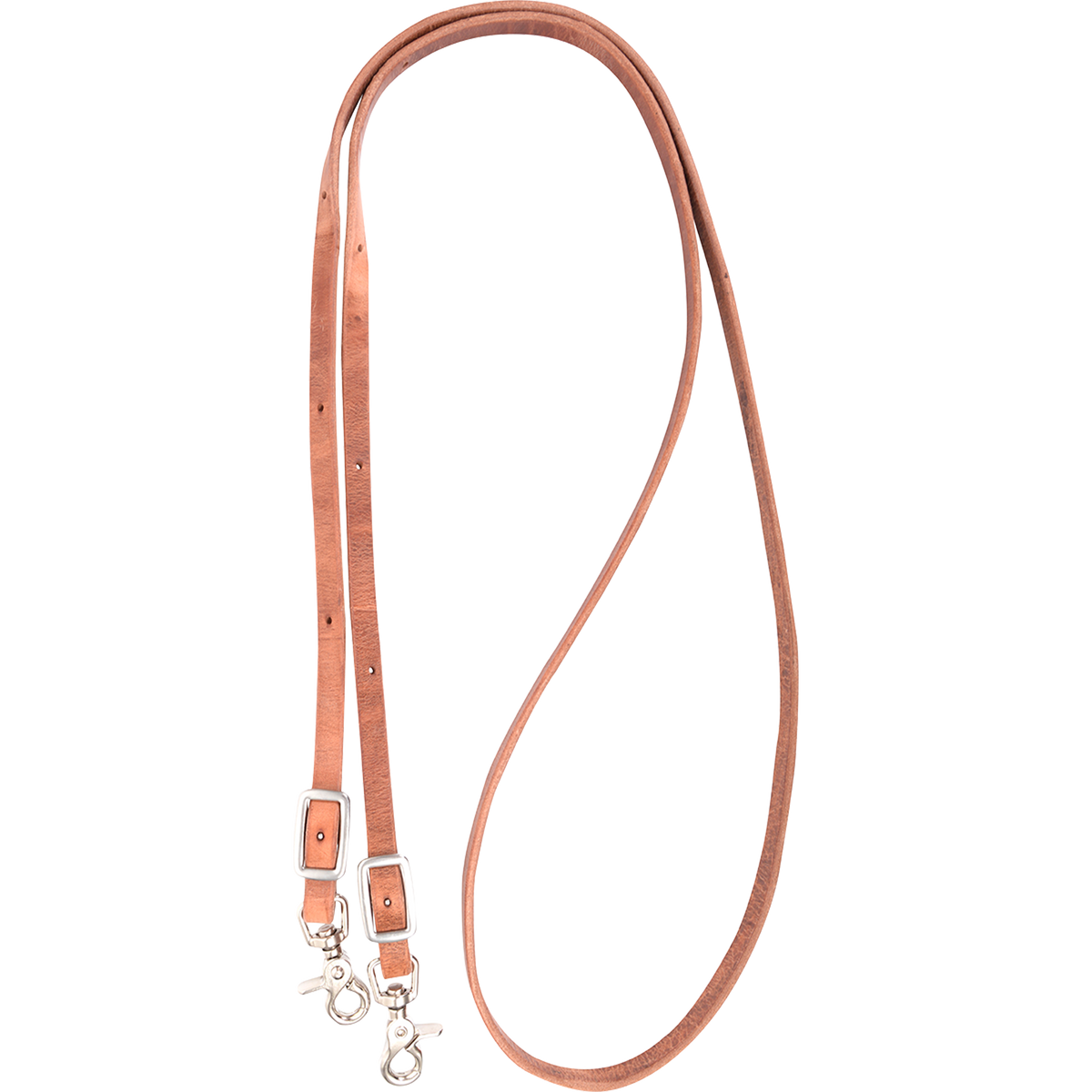 Brown harness leather roping rein from Martin Saddlery, looped and seen from above. The 1/2-inch rein has buckles for length adjustment and a snap at each end.