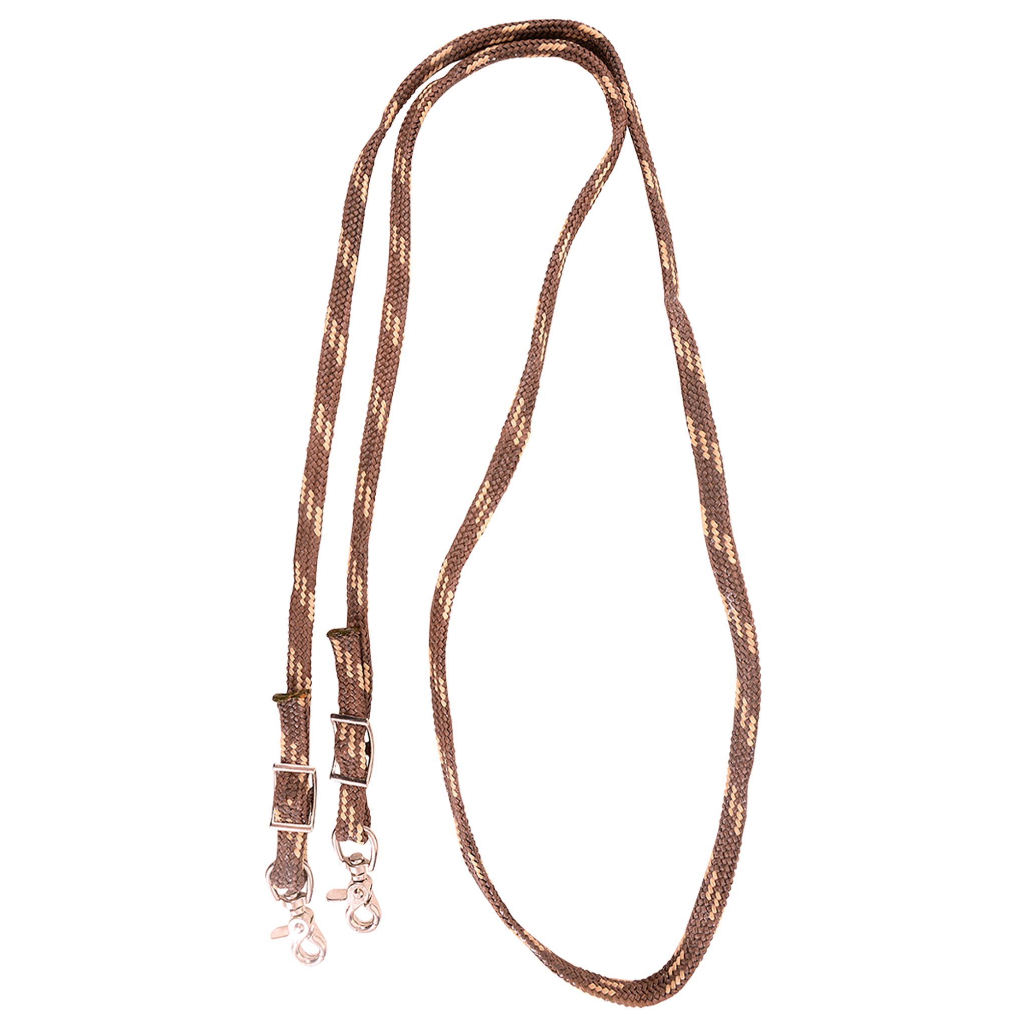 Brown-tan braided nylon roping rein, looped and seen from above. Tan flecks run through the brown waxed nylon braid, with buckles and snaps at the ends.