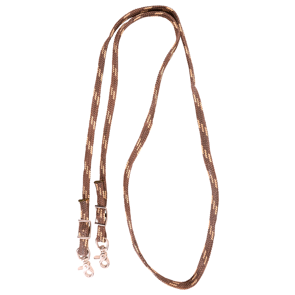Brown-tan braided nylon roping rein, looped and seen from above. Tan flecks run through the brown waxed nylon braid, with buckles and snaps at the ends.