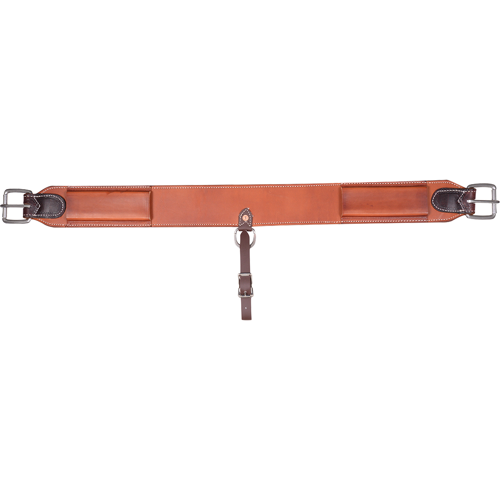 Chestnut 3-inch flank cinch from Martin Saddlery, laid out flat. The stitched skirting leather cinch has roller buckles at both ends and a center hobble strap.
