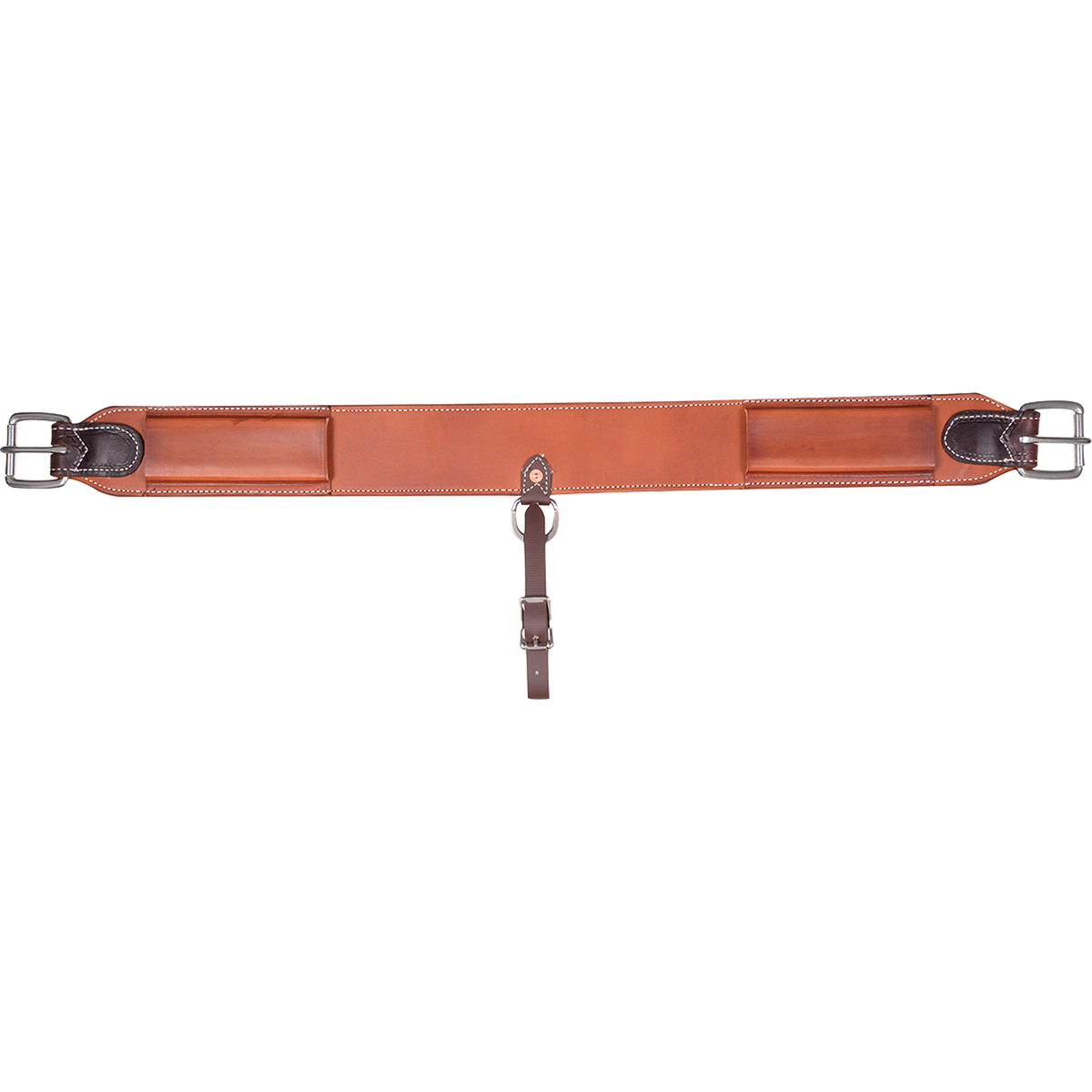 Chestnut 3-inch flank cinch from Martin Saddlery, laid out flat. The stitched skirting leather cinch has roller buckles at both ends and a center hobble strap.