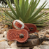 Chestnut Alpine spur straps with Alpine flower tooling on a spur resting on river rock, with an agave plant behind. White stitching edges the tooled straps below a wide buckle.