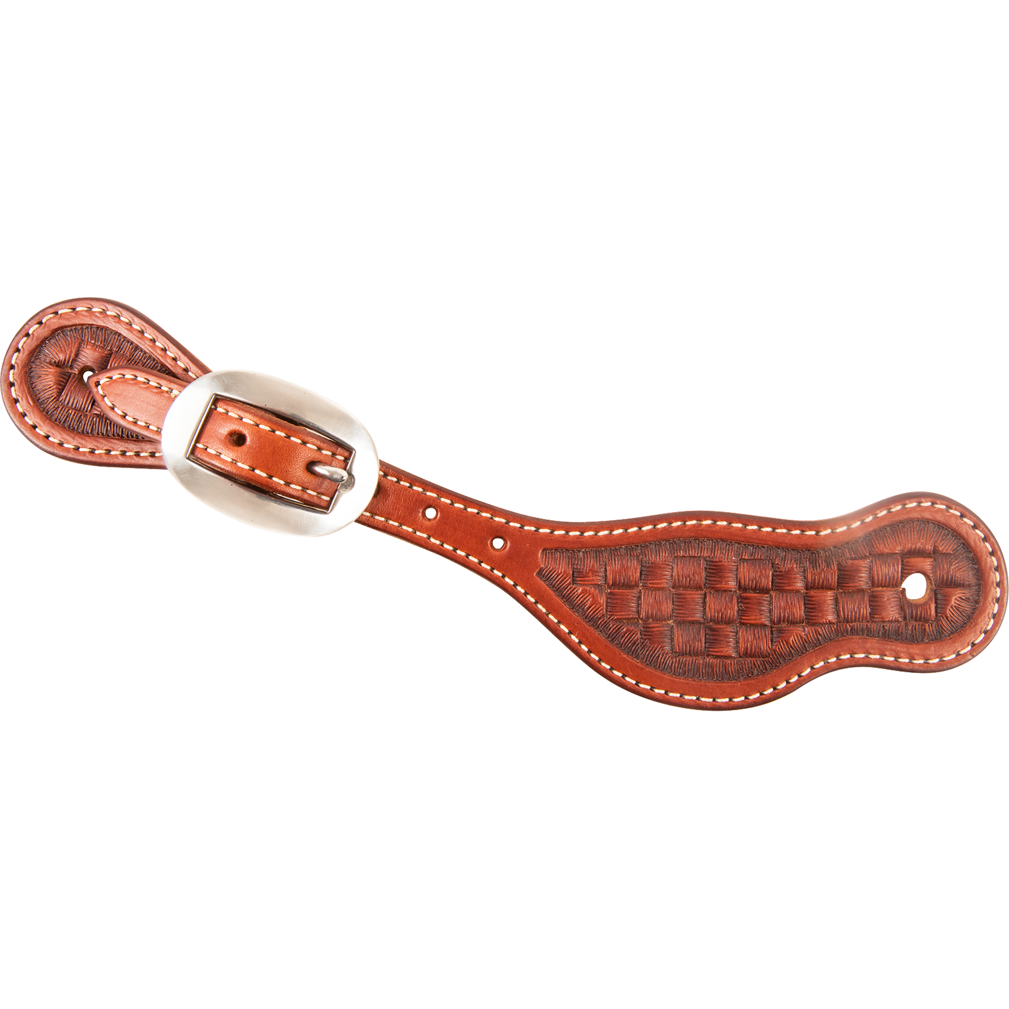 Chestnut Alpine spur strap with mini weave tooling, seen from above. A mini basketweave stamp fills the wide end inside heavy stitching, with a buckle near the narrow end.