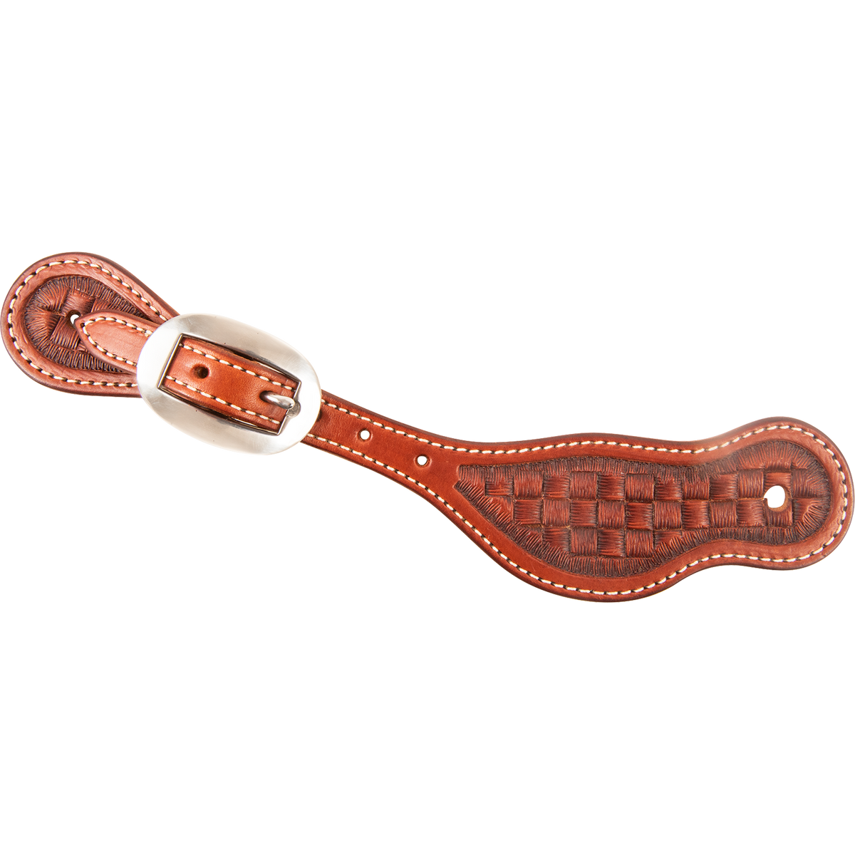 Chestnut Alpine spur strap with mini weave tooling, seen from above. A mini basketweave stamp fills the wide end inside heavy stitching, with a buckle near the narrow end.
