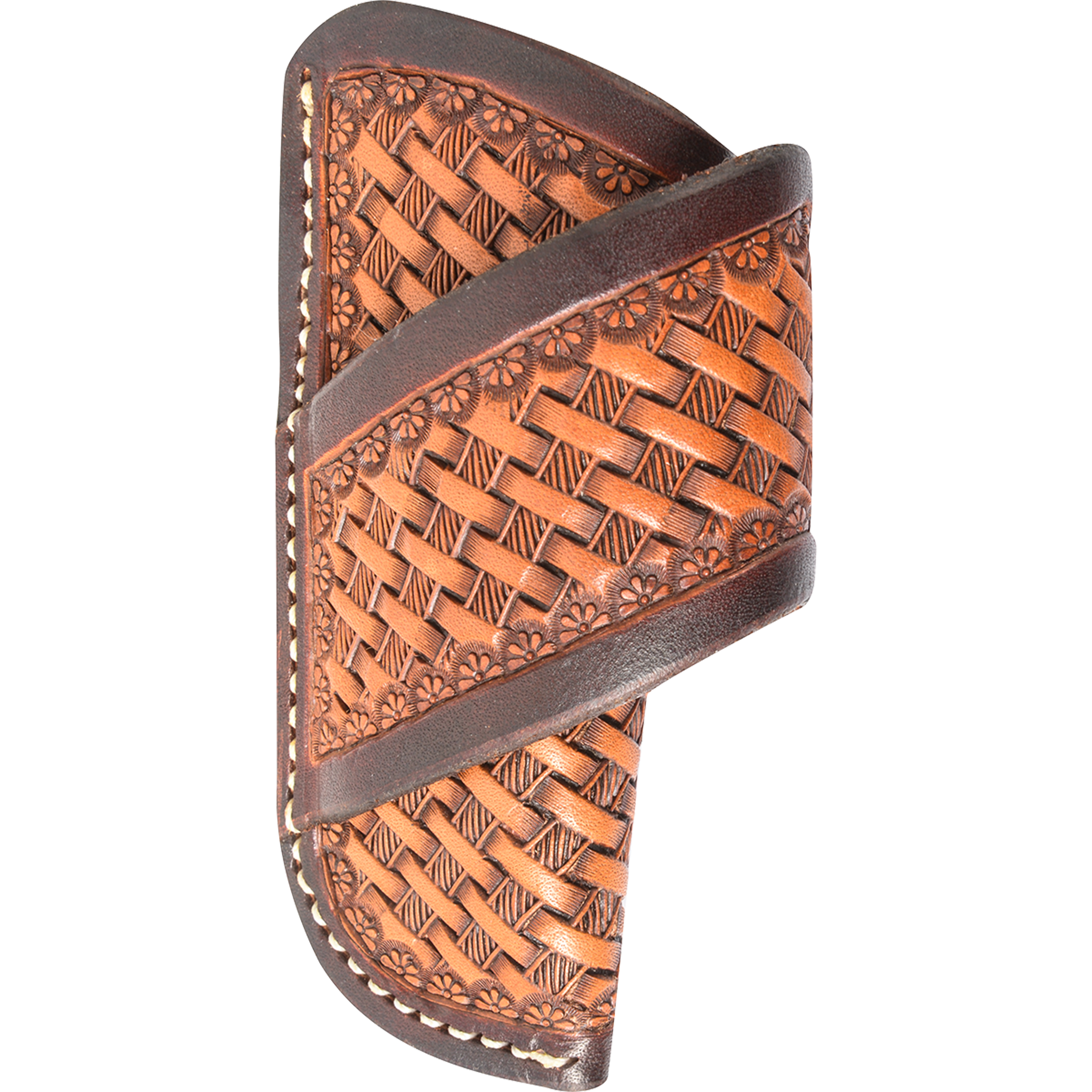 Chestnut horizontal knife sheath with basket stamp tooling and dyed edges, seen from the front. Dark dyed borders frame the basket stamped body and the diagonal belt strap.