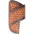 Chestnut horizontal knife sheath with basket stamp tooling and dyed edges, seen from the front. Dark dyed borders frame the basket stamped body and the diagonal belt strap.