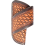 Chestnut horizontal knife sheath with basket stamp tooling and dyed edges, seen from the front. Dark dyed borders frame the basket stamped body and the diagonal belt strap.