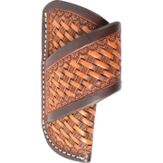 Chestnut horizontal knife sheath with basket stamp tooling and dyed edges, seen from the front. Dark dyed borders frame the basket stamped body and the diagonal belt strap.
