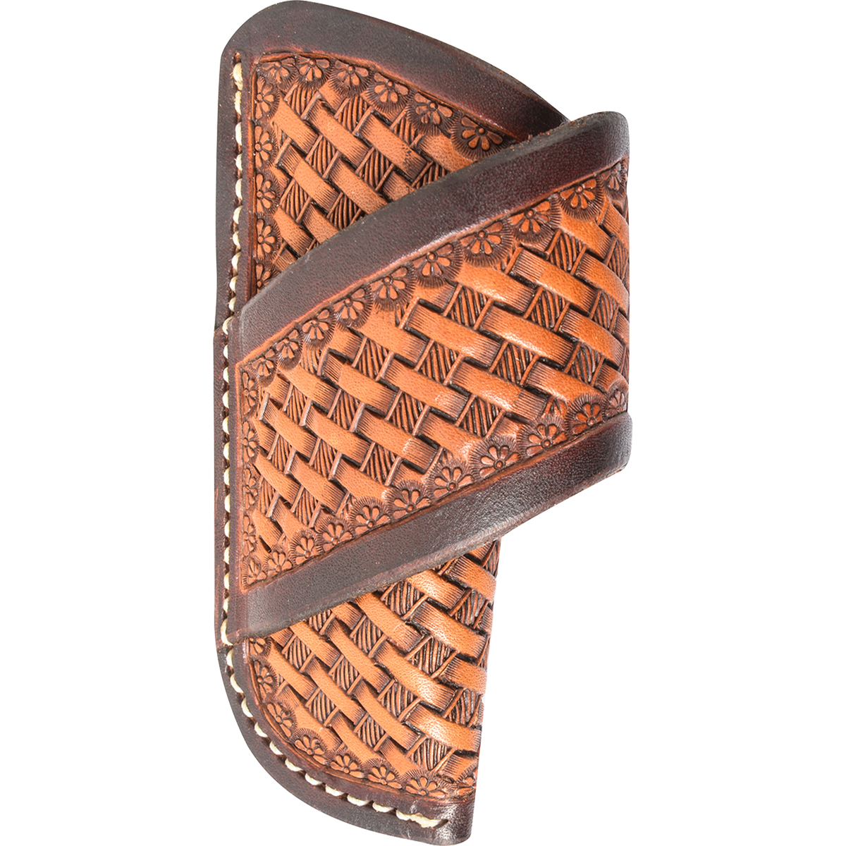 Chestnut horizontal knife sheath with basket stamp tooling and dyed edges, seen from the front. Dark dyed borders frame the basket stamped body and the diagonal belt strap.
