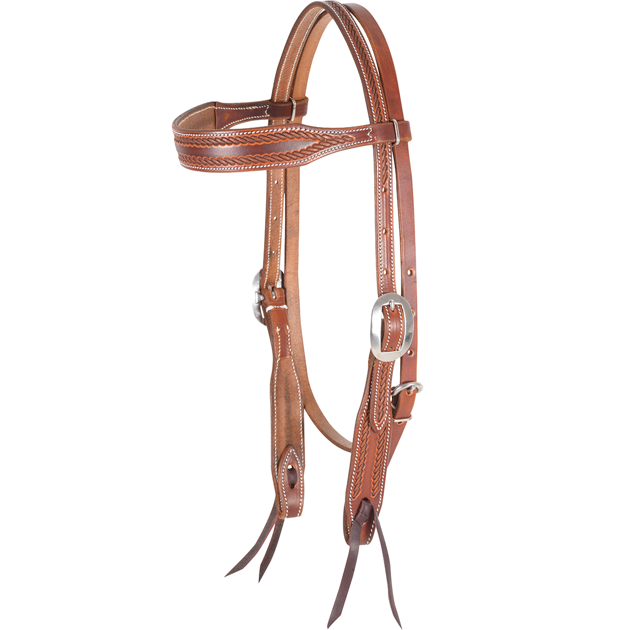 Chestnut browband headstall with rope tooling, seen from the front quarter. A rope border runs along the shaped browband and cheeks of the antiqued skirting leather, with cart buckles and bit ties.