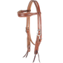 Chestnut browband headstall with rope tooling, seen from the front quarter. A rope border runs along the shaped browband and cheeks of the antiqued skirting leather, with cart buckles and bit ties.