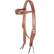 Chestnut browband headstall with rope tooling, seen from the front quarter. A rope border runs along the shaped browband and cheeks of the antiqued skirting leather, with cart buckles and bit ties.