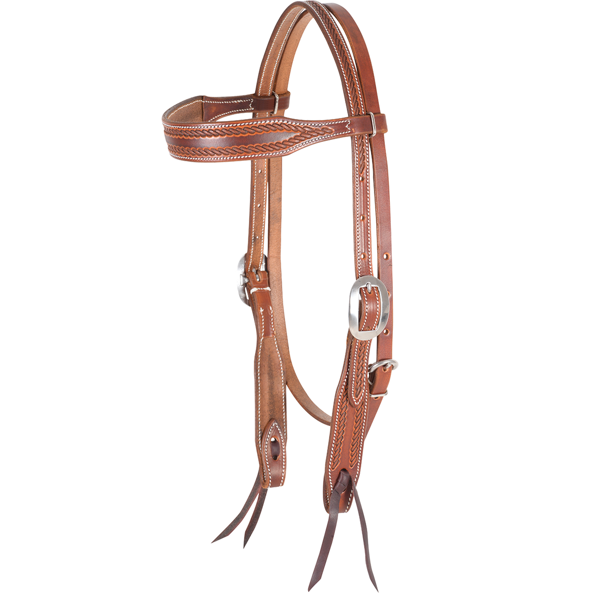 Chestnut browband headstall with rope tooling, seen from the front quarter. A rope border runs along the shaped browband and cheeks of the antiqued skirting leather, with cart buckles and bit ties.