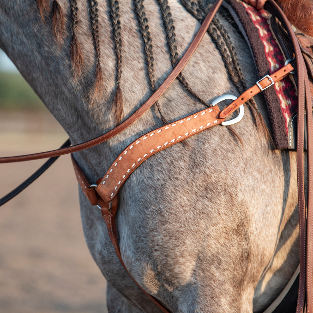 Chestnut buckstitch breastcollar worn on a gray horse with a braided mane, seen at the shoulder. The strap with white buckstitch runs from the chest up to a ring and buckle at the saddle on this Martin Saddlery breastcollar.