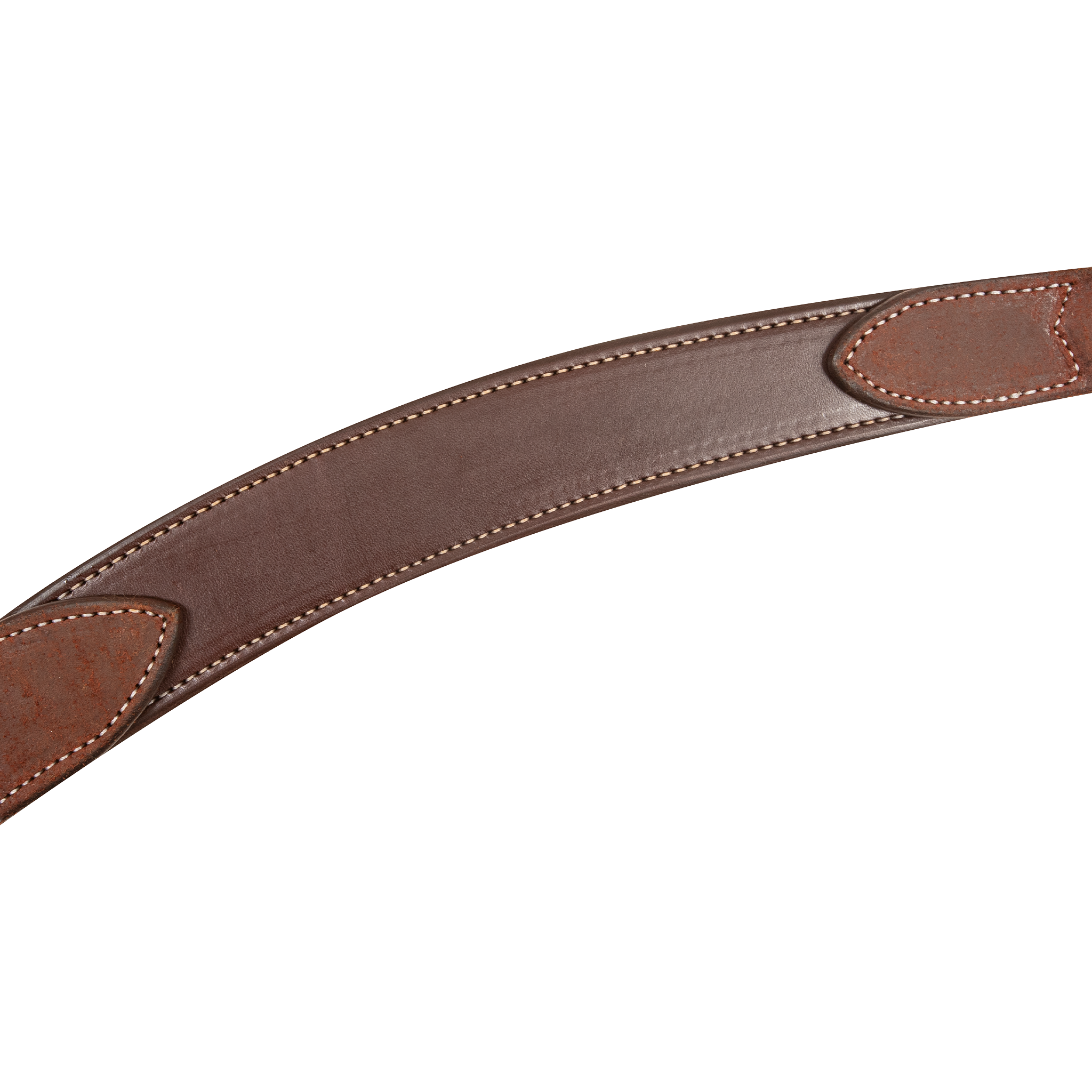 Chestnut skirting leather breast collar strap curving across the frame. White stitching follows the edges, with stitched leather tabs at each end of this Martin Saddlery colt breast collar.