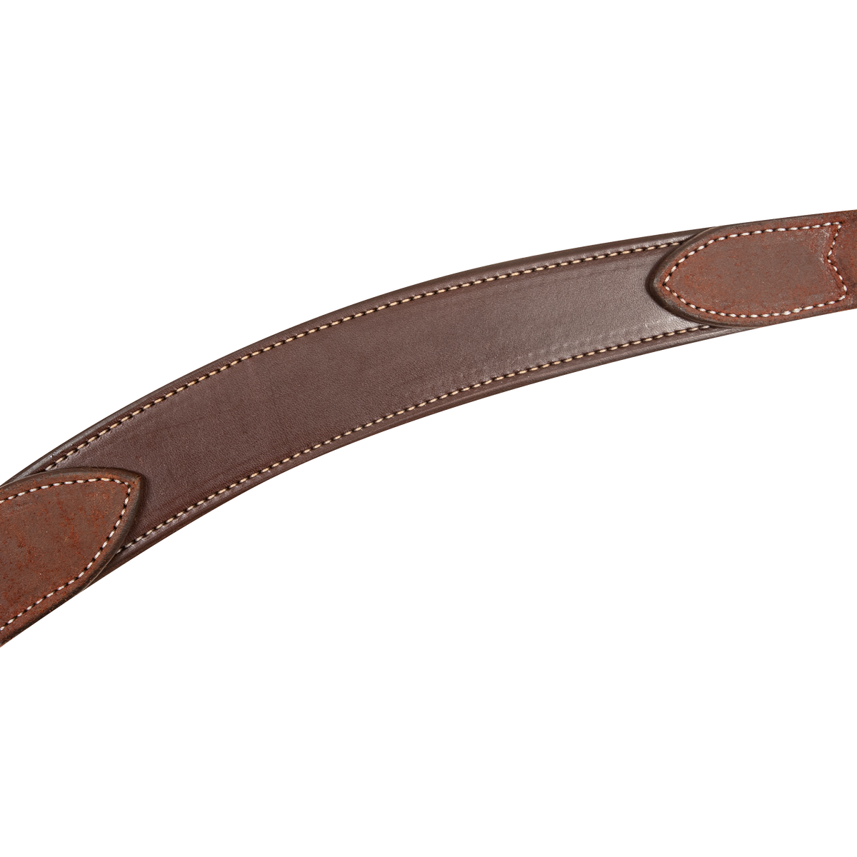 Chestnut skirting leather breast collar strap curving across the frame. White stitching follows the edges, with stitched leather tabs at each end of this Martin Saddlery colt breast collar.