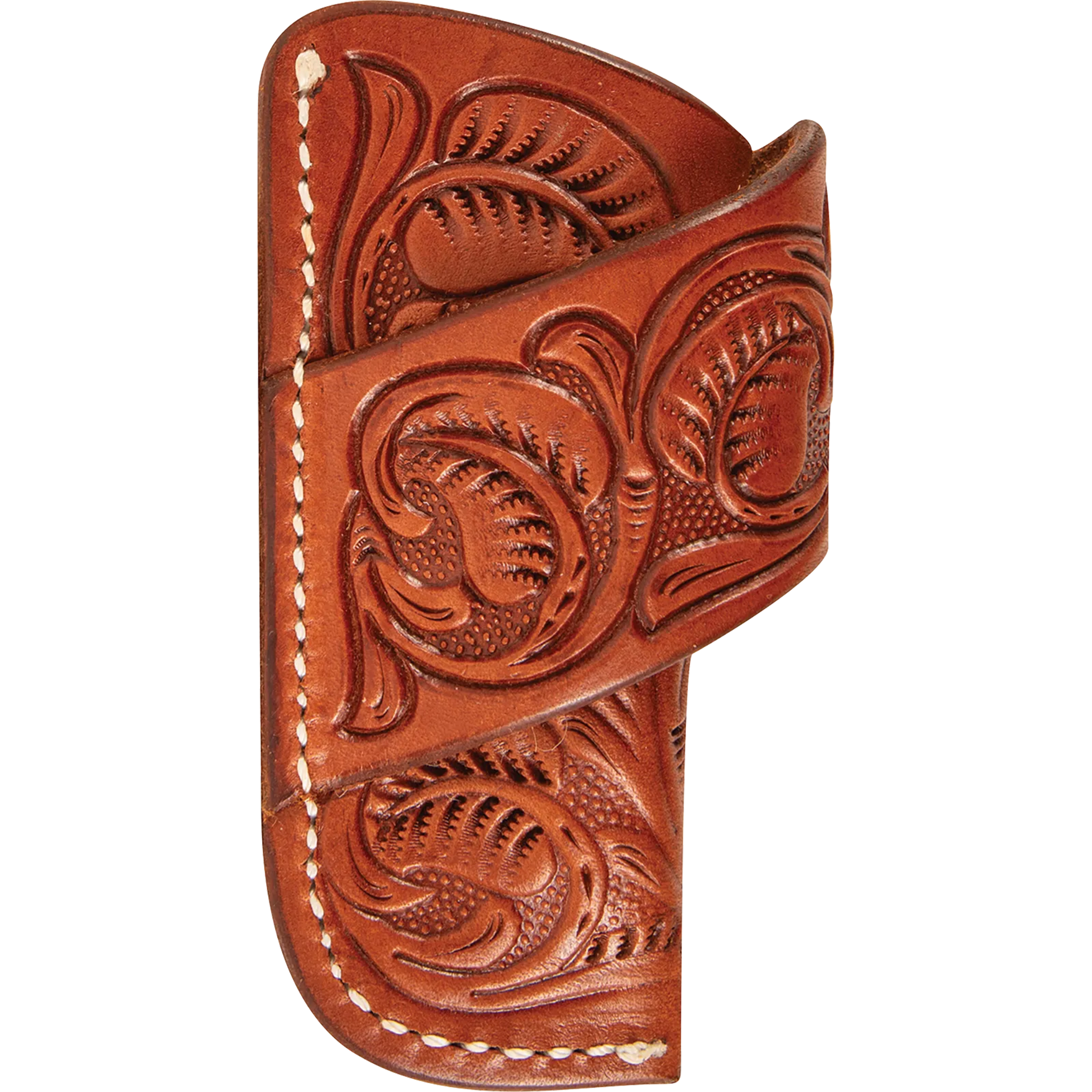Chestnut horizontal knife sheath with floral tooling, seen from the front. Floral tooling covers the body and the diagonal belt strap, with white stitching along the edge.