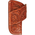 Chestnut horizontal knife sheath with floral tooling, seen from the front. Floral tooling covers the body and the diagonal belt strap, with white stitching along the edge.