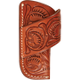 Chestnut horizontal knife sheath with floral tooling, seen from the front. Floral tooling covers the body and the diagonal belt strap, with white stitching along the edge.