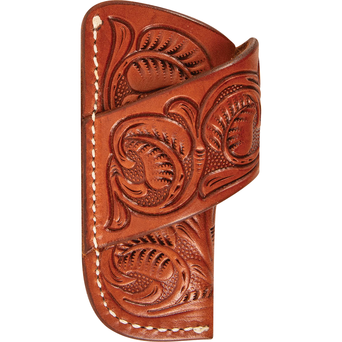 Chestnut horizontal knife sheath with floral tooling, seen from the front. Floral tooling covers the body and the diagonal belt strap, with white stitching along the edge.